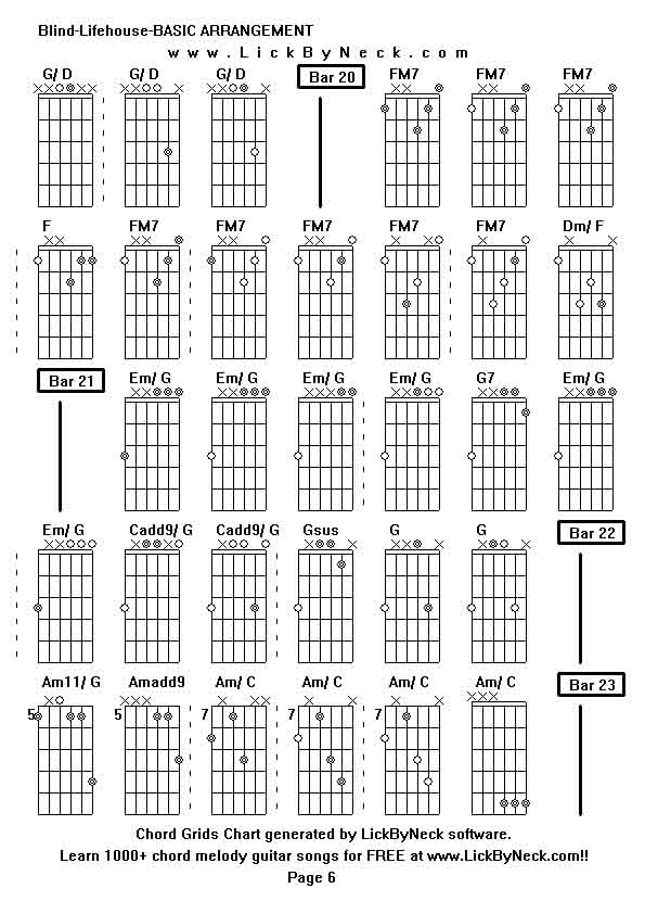 Chord Grids Chart of chord melody fingerstyle guitar song-Blind-Lifehouse-BASIC ARRANGEMENT,generated by LickByNeck software.